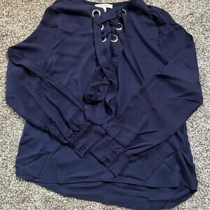 Blue Lace Up‎ Blouse L Grommet Neck Long Sleeve Work Top Flowy Career  Light Top